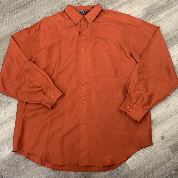 On The Brink Shirt Mens Large Rust 100% Silk Button Up Long Sleeve Retro 90s - Picture 1 of 7